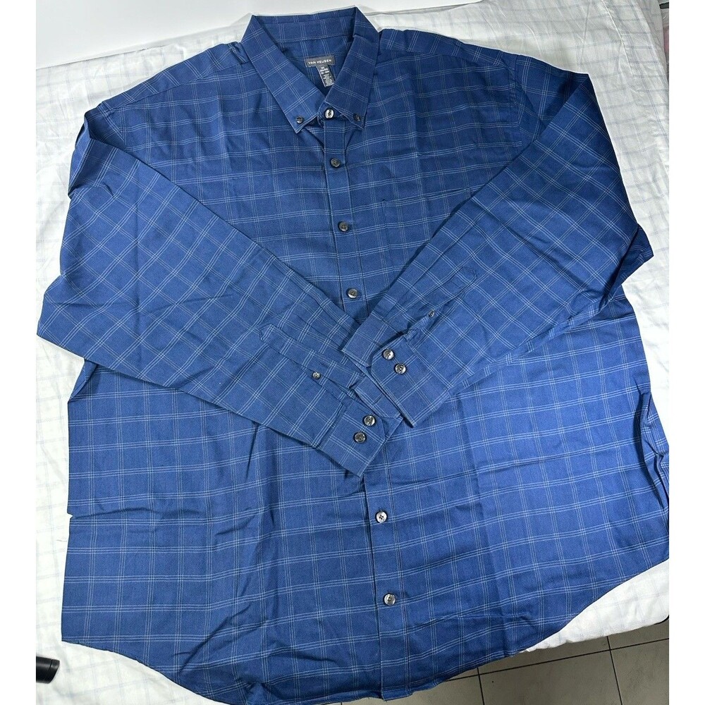 Van Heusen Men's 3XL Blue Plaid Button Down Shirt Long Sleeve Cotton Blend Tall